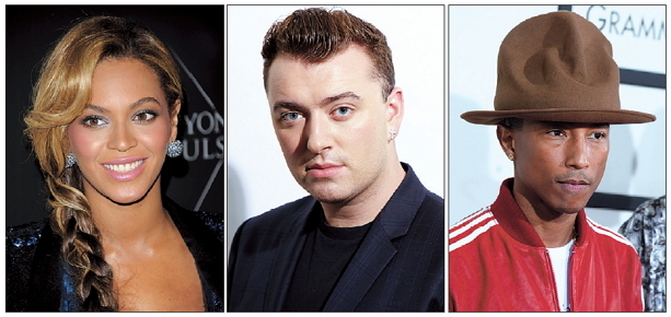 Beyonce Knowles (AP/Evan Agostini), Sam Smith, Pharrell Williams (AP)