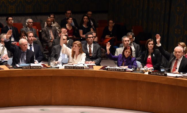 United Nations ambassadors vote during a Security Council meeting on human rights violations in North Korea at the United Nations in New York on Monday. (AFP-Yonhap)