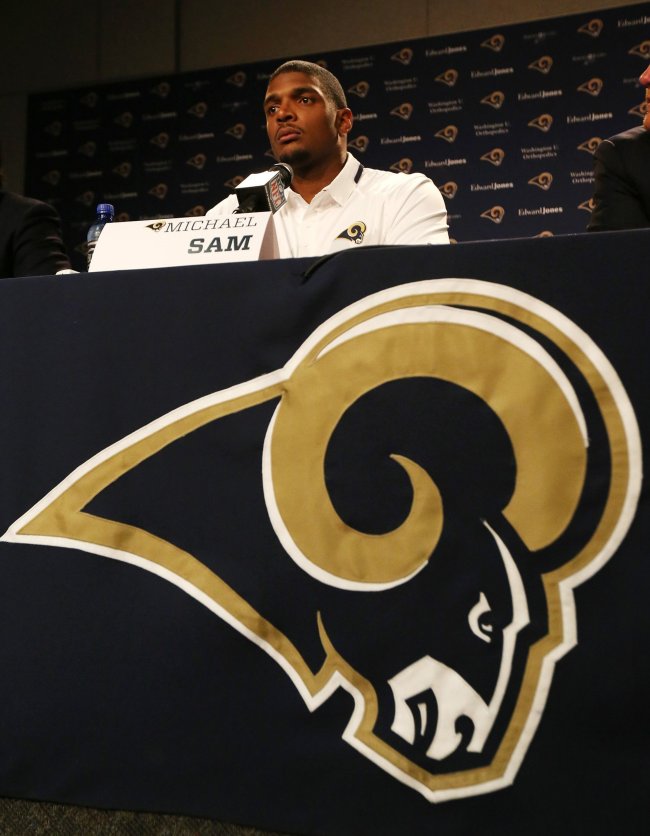 Michael Sam takes part in an introductory press conference with the Rams on May 13. (TCA)