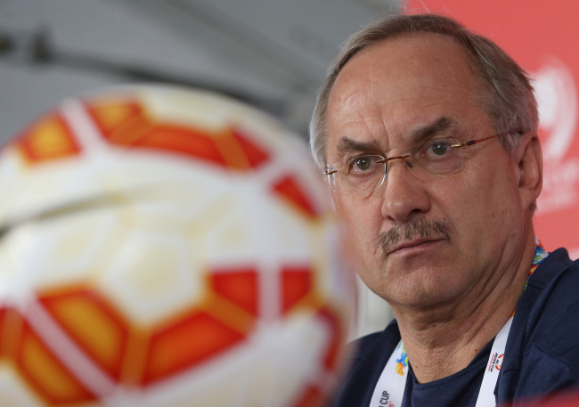 Korea head coach Uli Stielike takes part in a press conference on Monday. ( Yonhap)