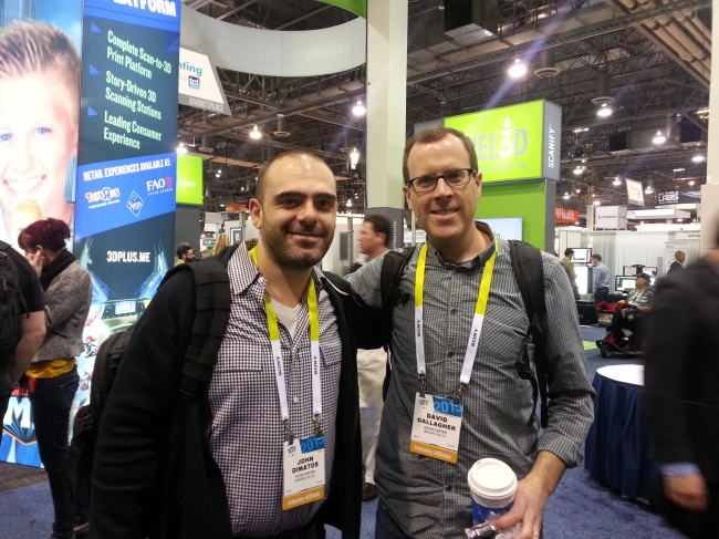 Kickstarter representative David Gallagher (right) and John Dimatos, Kickstarter’s project specialist for design and technology, pose at the International CES, last week in Las Vegas. (Kim Young-won/The Korea Herald)