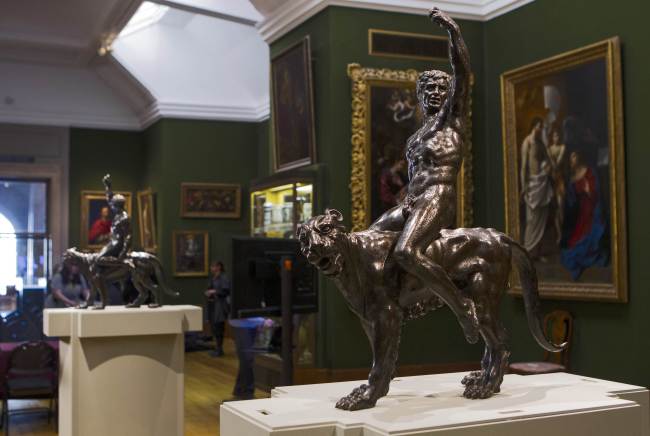 One of two bronze statues named “Bacchants Riding on Panthers,” thought to be by Italian Renaissance master Michelangelo, displayed at the Fitzwilliam Museum in Cambridge on Feb. 2. (AFP-Yonhap)