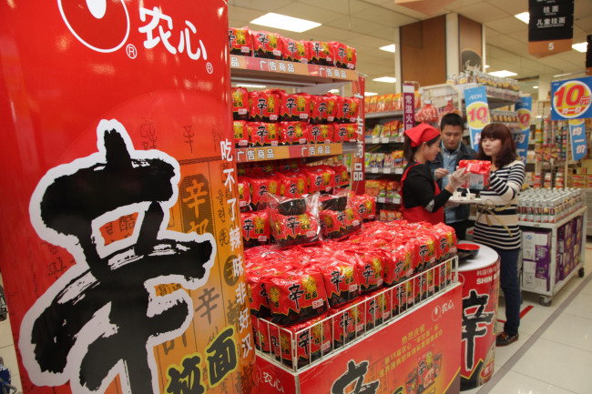 Nongshim’s Shin Ramyun is sold at a supermarket in China. (Nongshim)