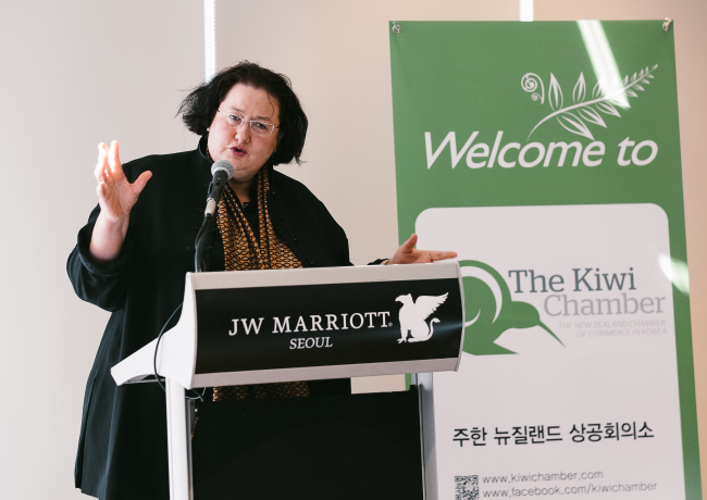 New Zealand Ambassador to Korea Clare Fearnley speaks to business leaders at a breakfast forum organized by the New Zealand Chamber of Commerce in Korea at the JW Marriott Seoul on March 5. (Edge Communications Inc.)