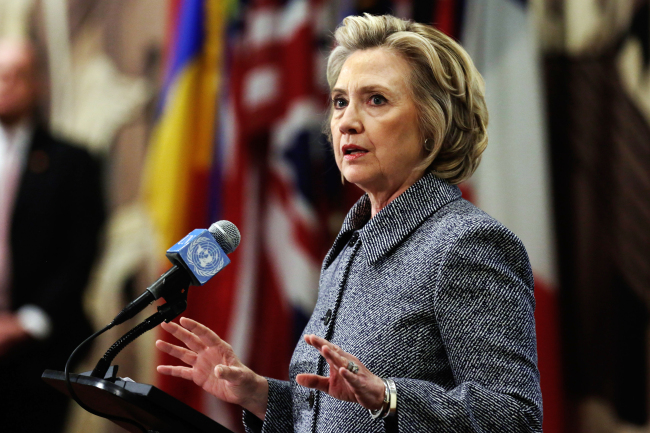 Hillary Clinton speaks to the media in regards to her use of a private email server while serving as secretary of state, in New York on Tuesday. (EPA-Yonhap)
