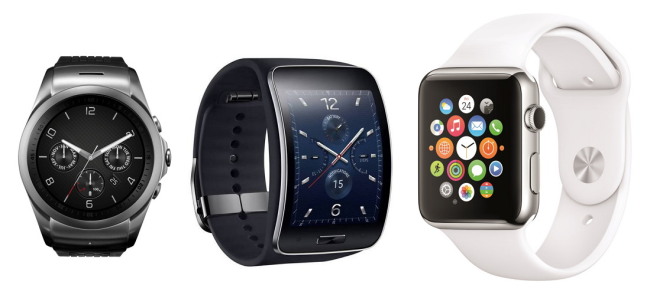 From left: LG Watch Urbane (LG Electronics), Samsung Gear S (Samsung Electronics), Apple Watch (Apple).