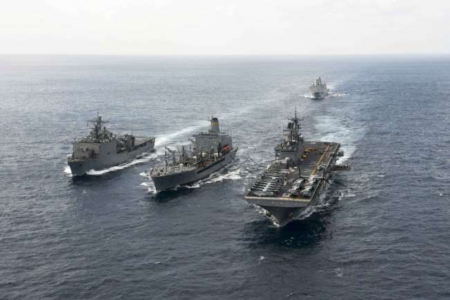 Three U.S. naval ships engage in an amphibious integration training exercise in the East China Sea earlier this month. U.S. Navy (photo by Cameron McCulloch)