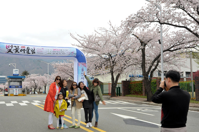 Visitors to Samsung SDI’s plant pose during the firm’s cherry blossom event in Ulsan on Saturday. The battery-maker recently opened its internal workplace to some 2,000 family members of employees and residents in the city. (Samsung SDI)