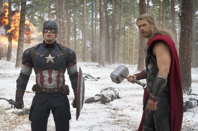 Chris Evans (left) and Chris Hemsworth in “Avengers: Age of Ultron” (Marvel)