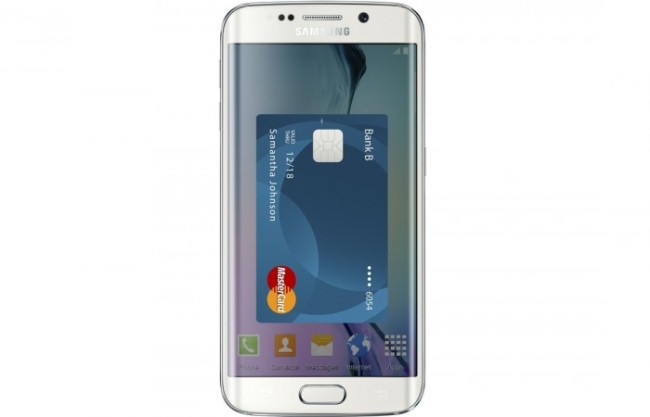 A Samsung Galaxy S6 Edge phone with an embedded credit card