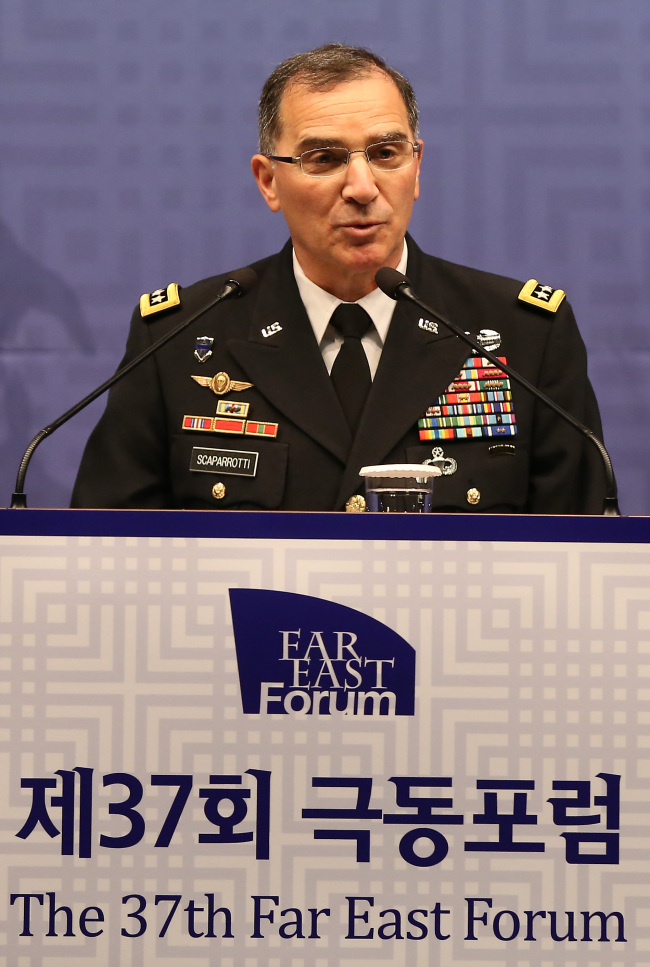 USFK commander Gen. Curtis Scaparrotti speaks at the Far East Forum in Seoul on Tuesday. (Yonhap)