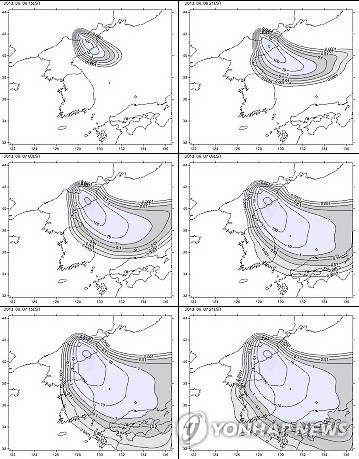 백두산 화산 폭발 최악의 시나리오(부산=연합뉴스) 백두산 화산이 대폭발하고 북동풍이 불면 화산재가 48시간 안에 남한 전역을 덮칠 것이라는 예측이 국민안전처 연구용역에서 나왔다. 이렇게 되면 남한에 무려 11조1천900억원에 달하는 재산피해를 줄 것으로 추산됐다. 2015.5.21 > youngkyu@yna.co.kr