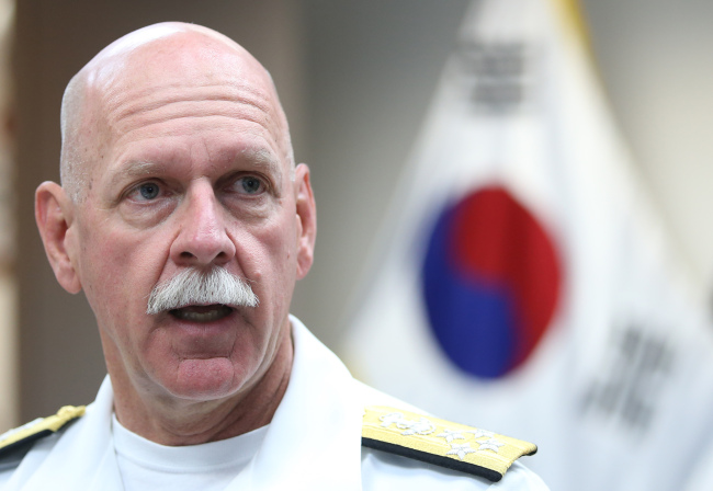Adm. Scott Swift, commander of the U.S. Pacific Fleet, speaks during an interview with The Korea Herald and other news outlets at the U.S. Naval Forces Korea command in central Seoul. Yonhap