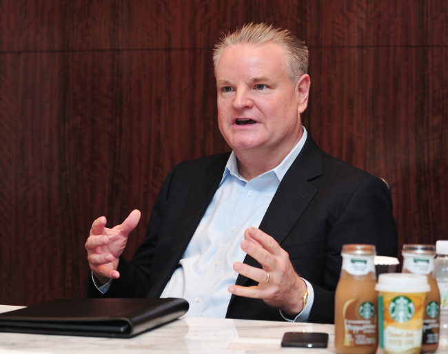 David Hanson, vice president and Asia region head of global channel development at Starbucks Coffee Company, talks to The Korea Herald on Monday. (Edelman)