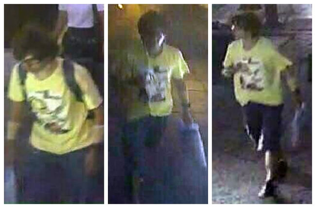 This Aug. 17, 2015, image, released by Royal Thai Police spokesman Lt. Gen. Prawut Thavornsiri shows a man wearing a yellow T-shirt near the Erawan Shrine before an explosion occurred in Bangkok, Thailand.?rawut said he believes the man is a suspect in the blast that killed a number of people at a shrine in downtown Bangkok on Monday night. (Royal Thai Police via AP)