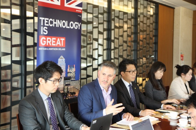 ENTIQ cofounder and managing director Eric Van Der Kleij (second from left) and senior development executive Jae-won Peter Chun (third from left) attend the company’s press luncheon in central Seoul, Tuesday. (British Embassy Seoul)