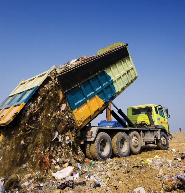 A waste truck dumps unrecycled trash at a landfill in Incheon. (Sudokwon Landfill Site Management Corporation)