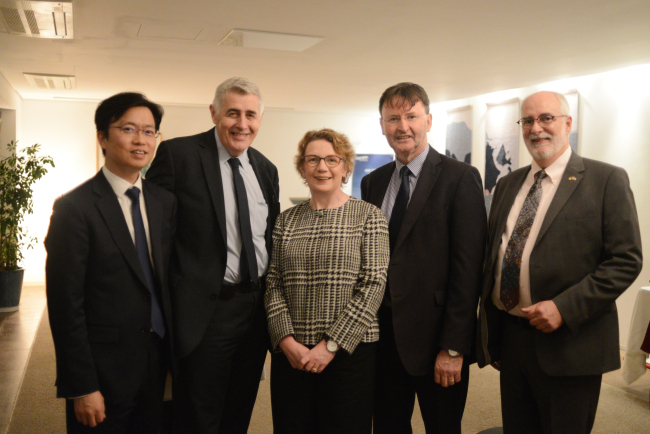 (From left) Concern Worldwide Korea country manager Lee Jun-mo, Concern CEO Dominic MacSorley, Irish Ambassador Aingeal O’ Donoghue, Concern overseas director Paul O’ Brien and the ambassador’s spouse Peter R. Bullen at the ambassador’s residence on Oct. 29. The Irish Embassy