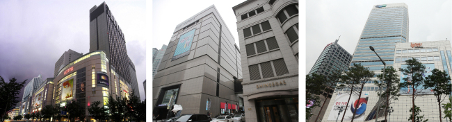 Three sites have been chosen to run duty-free shops in Seoul over the next five years. From left: Lotte Department Store in downtown Seoul; Shinsegae’s main department store; and the Doota building run by Doosan in Dongdaemun. (Yonhap)