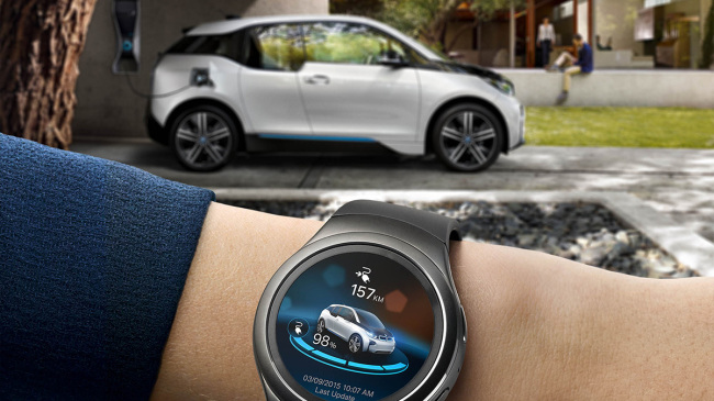 Samsung’s Gear S2 smartwatch controls a BMW i3 compact. Samsung Electronics