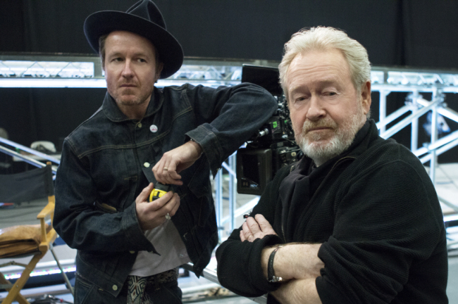 Film directors Ridley Scott and Jake Scott pose at a production studio for LG Electronics` Super Bowl commercial. (LGE)