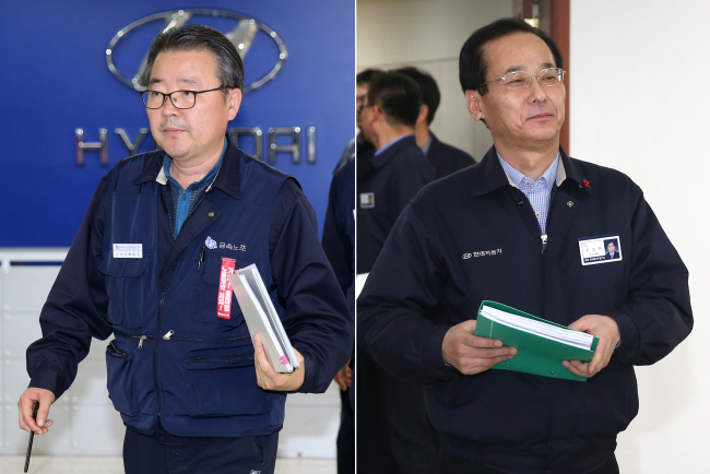Hyundai Motor president Yoon Gap-han (right) and labor union leader Park Yoo-ki leave after reaching a tentative agreement on wage and other labor issues in Ulsan, Thursday. (Yonhap)