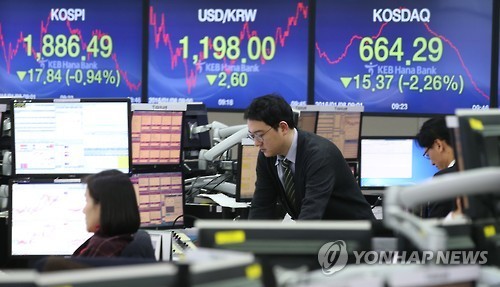 Screens display market numbers at a South Korean brokerage in Seoul. (Yonhap)