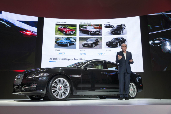 Jaguar’s director of design Ian Callum presents the new Jaguar XJ to the press on Monday at Dongdaemun Design Plaza in downtown Seoul. Jaguar Land Rover Korea