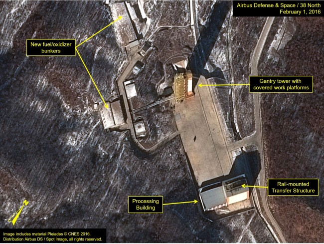 A satellite image taken on Feb. 1 of Dongchang-ri, North Korea, where an increase in movement is detected at a missile station released by 38 North. (38 North)
