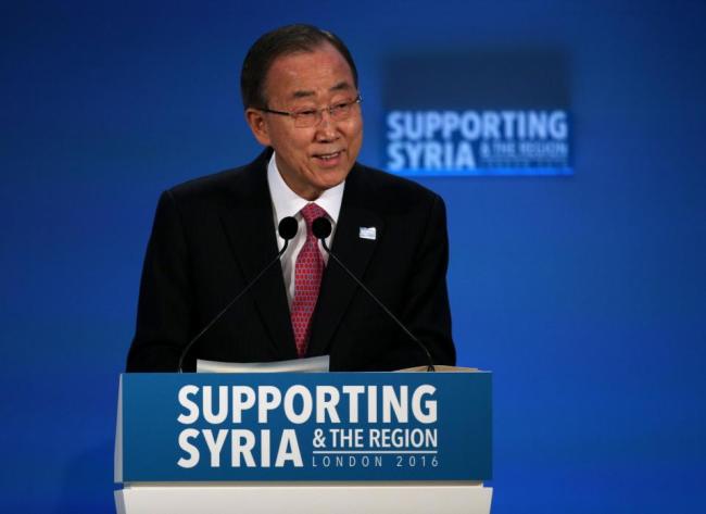 UN Secretary-General Ban Ki-moon speaks at the 'Supporting Syria and the Region' conference at the Queen Elizabeth II Conference Centre in London, Thursday, Feb. 4, 2016. Leaders and diplomats from 70 countries are meeting in London Thursday to pledge billions to help millions of Syrians displaced by war, and try to slow the chaotic exodus of refugees to Europe. (Dan Kitwood Pool via AP)
