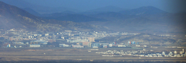 The shut-down Gaeseong Industrial Complex is seen from the border town of Paju, South Korea, on Monday. (Yonhap)