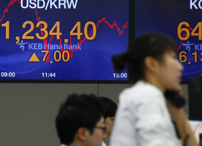 An electric board at a dealing room of KEB Hana Bank in Seoul shows the Korean won closing at 1,234.4 won against the U.S. dollar on Friday. (Yonhap)