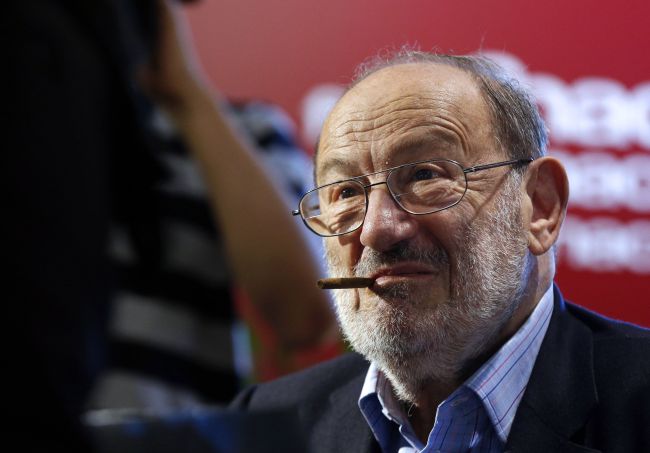 This file photo taken on May 12, 2015, shows Italian author Umberto Eco during signing of his novel “Numero Zero” in Fnac des Ternes, in Paris. (AFP)