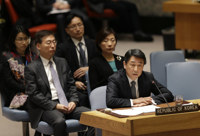 South Korean ambassador to the United Nations Oh Joon speaks during a Security Council meeting at United Nations headquarters, Wednesday. (AP-Yonhap)