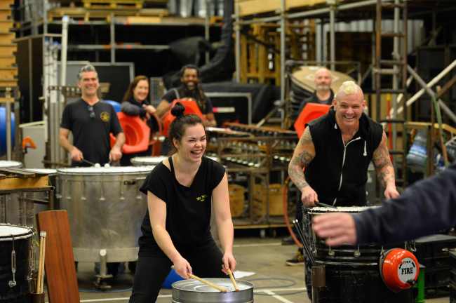 Members of the Lost & Found Orchestra rehearse for their forthcoming European tour in Henfield, southern England on Monday. (AFP-Yonhap)