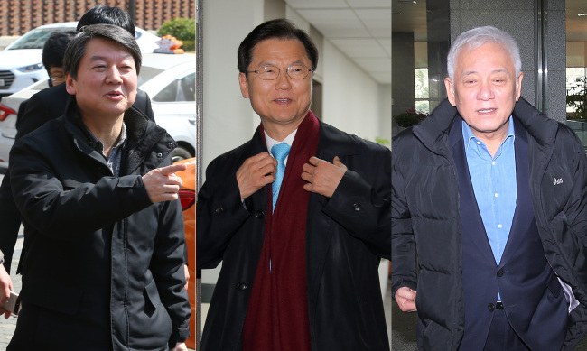 From left: People’s Party cochairmen Rep. Ahn Cheol-soo, Rep. Chun Jung-bae and Rep. Kim Han-gil (Yonhap)