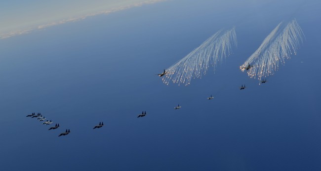 South Korean fighter jets on Monday take part in an exercise aiming to strike North Korea’s key military facilities. / Air Force