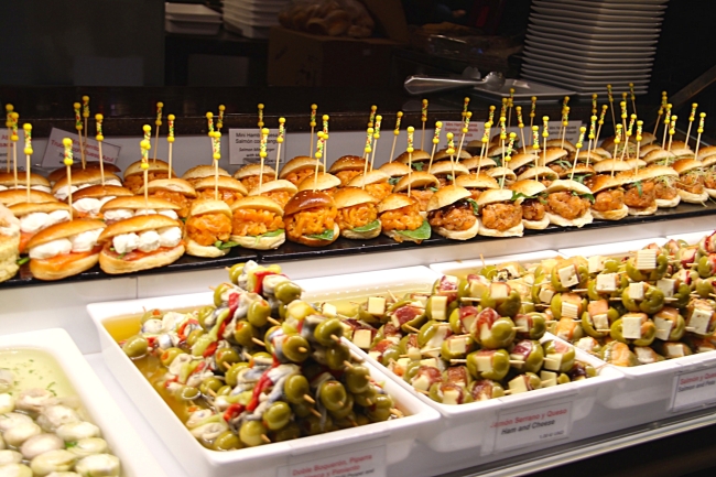 An array of delectable tapas served at the newly opened gastronomy center, Platea, near the Plaza de Colón in Madrid. (Julie Jackson/The Korea Herald)