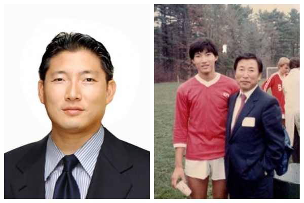 Hyosung Group president Cho Hyun-joon (left) and a picture of him alongside his father and group chairman Cho Suck-rai during their St. Paul years