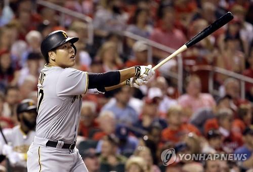 Pittsburgh Pirates' Kang Jung-ho watches his two-run home run during the sixth inning against the St. Louis Cardinals May 6, in St. Louis. (Yonhap)