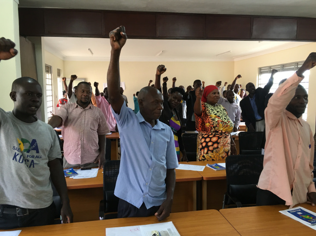 About 35 community leaders of the rural Ugandan district of Mpigi take part in Saemaul movement training at the National Farmers Leadership Center built by the Korea International Cooperation Agency in Kampiringisa on April 29. (Shin Hyon-hee/The Korea Herald)