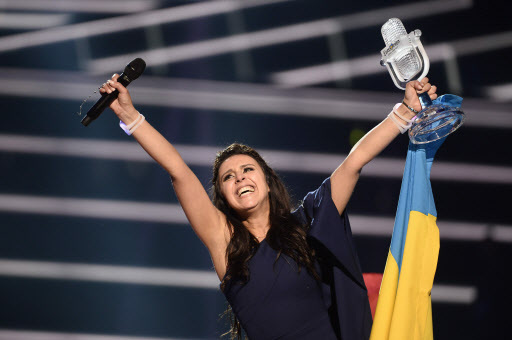 Ukraine’s Jamala reacts after winning the 61st annual Eurovision Song Contest at the Ericsson Globe Arena in Stockholm, Sweden, Saturday. (EPA-Yonhap)