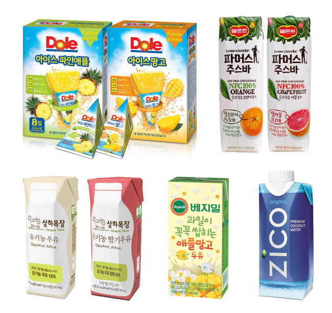 Beverages using aseptic packaging. Clockwise from top left: Dole’s 100% Ice Juice Bar, Del Monte’s Farmer‘s Juice Bar, Coca-Cola’s Zico coconut water, Dr. Chung’s Food‘s Vegemil, and Maeil Dairy Industry’s Sangha Farm Milk.