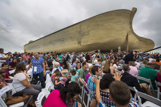 Visitors pass outside the front of a replica Noah’s Ark at the Ark Encounter theme park during a media preview day in Williamstown, Kentucky, Tuesday. (AP-Yonhap)