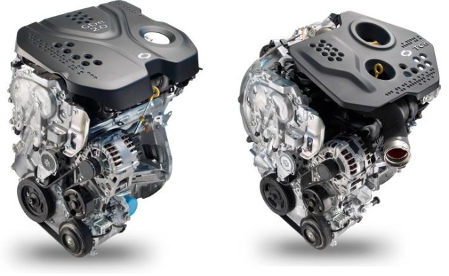 Renault-Nissan Alliance’s 1.6-liter GDI turbo MR engine (left) and 2.0-liter GDI MR engine that will be produced at Renault Samsung Motors’ Busan plant.