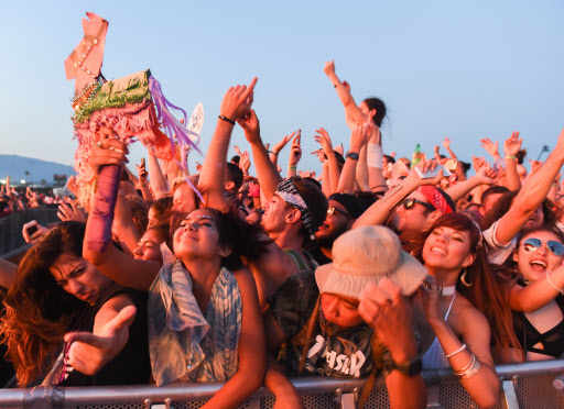 People attend the HARD Summer Music Festival at the Auto Club Speedway in Fontana, California, Sunday. (AP-The Sun)