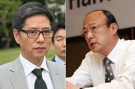 Orion Group Chairman Tam Chul-kon (left) and Hanwha Group Chairman Kim Seung-youn