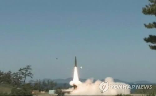 This video capture shows the Hyunmoo 2 ballistic missile being test-fired in South Korea. (Yonhap)