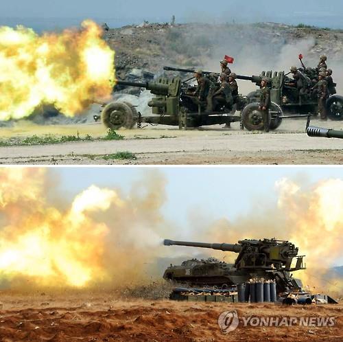 This combined file photo shows the North Korean Army's antiaircraft guns (top) and its self-propelled gun firing. (Yonhap)