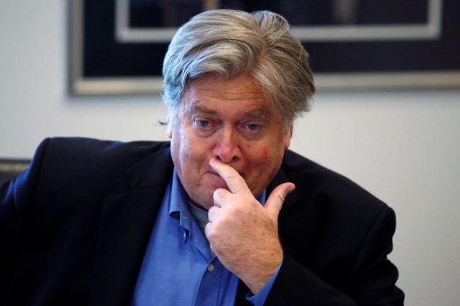 Campaign CEO Stephen Bannon listens during Republican presidential nominee Donald Trump's round table discussion on security at Trump Tower in the Manhattan borough of New York. (Reuters/Yonhap)